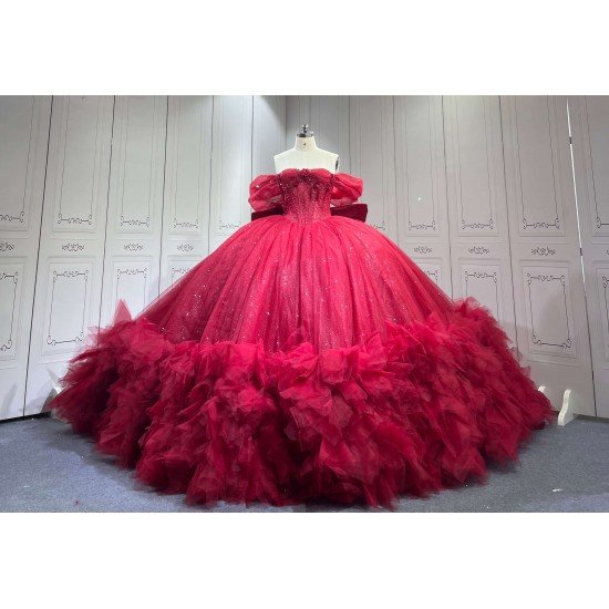 Mumuleo Burgundy Floor-Length Ball Gown Quinceanera Dresses with Chapel Train Modern Satin Lace Print for Teenagers