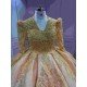 Mumuleo Gold Long Sleeve Ball Gown Floor-Length Modern Satin Quinceanera Dresses with Chapel Train Beading Lace Print 2026