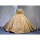 Mumuleo Gold Long Sleeve Ball Gown Floor-Length Modern Satin Quinceanera Dresses with Chapel Train Beading Lace Print 2026