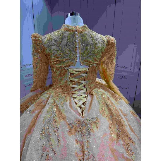 Mumuleo Gold Long Sleeve Ball Gown Floor-Length Modern Satin Quinceanera Dresses with Chapel Train Beading Lace Print 2026