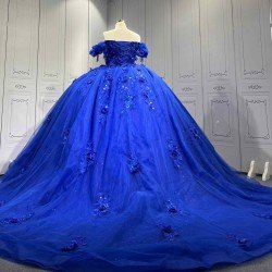 Mumuleo Royal Blue Ball Gown Floor-Length Quinceanera Dress XV with Chapel Train Modern Satin Lace Print Knitted for Teenagers