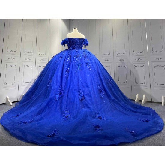 Mumuleo Royal Blue Ball Gown Floor-Length Quinceanera Dress XV with Chapel Train Modern Satin Lace Print Knitted for Teenagers