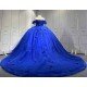 Mumuleo Royal Blue Ball Gown Floor-Length Quinceanera Dress XV with Chapel Train Modern Satin Lace Print Knitted for Teenagers