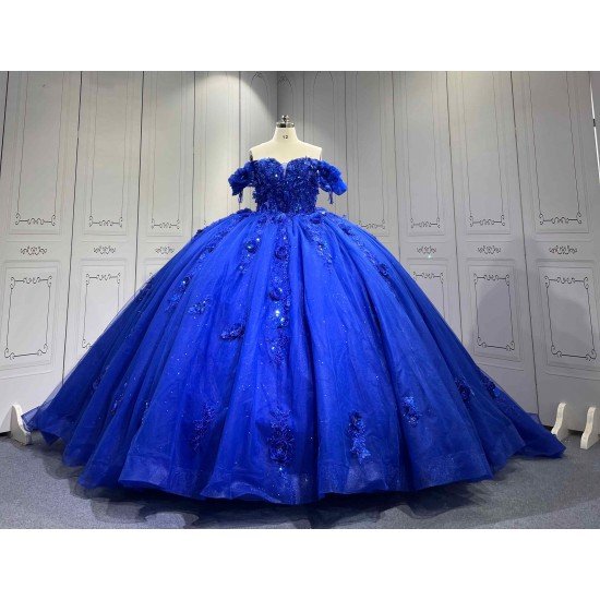 Mumuleo Royal Blue Ball Gown Floor-Length Quinceanera Dress XV with Chapel Train Modern Satin Lace Print Knitted for Teenagers