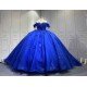 Mumuleo Royal Blue Ball Gown Floor-Length Quinceanera Dress XV with Chapel Train Modern Satin Lace Print Knitted for Teenagers