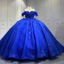 Mumuleo Royal Blue Ball Gown Floor-Length Quinceanera Dress XV with Chapel Train Modern Satin Lace Print Knitted for Teenagers