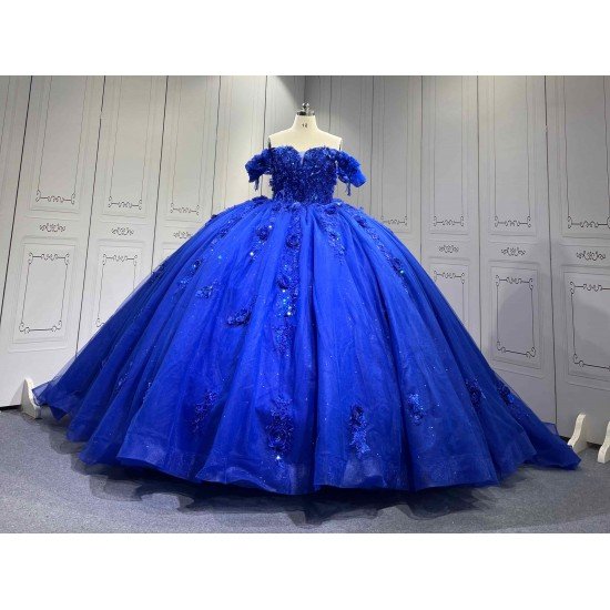 Mumuleo Royal Blue Ball Gown Floor-Length Quinceanera Dress XV with Chapel Train Modern Satin Lace Print Knitted for Teenagers