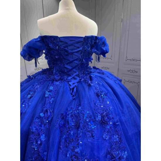 Mumuleo Royal Blue Ball Gown Floor-Length Quinceanera Dress XV with Chapel Train Modern Satin Lace Print Knitted for Teenagers
