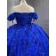 Mumuleo Royal Blue Ball Gown Floor-Length Quinceanera Dress XV with Chapel Train Modern Satin Lace Print Knitted for Teenagers