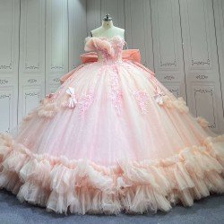 Mumuleo Blush Pink Modern Ball Gown Floor-Length Quinceanera XV Dress with Chapel Train Satin Fabric Print Design for Teenagers