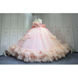 Mumuleo Blush Pink Modern Ball Gown Floor-Length Quinceanera XV Dress with Chapel Train Satin Fabric Print Design for Teenagers