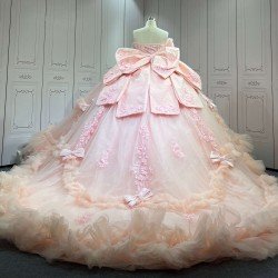 Mumuleo Blush Pink Modern Ball Gown Floor-Length Quinceanera XV Dress with Chapel Train Satin Fabric Print Design for Teenagers