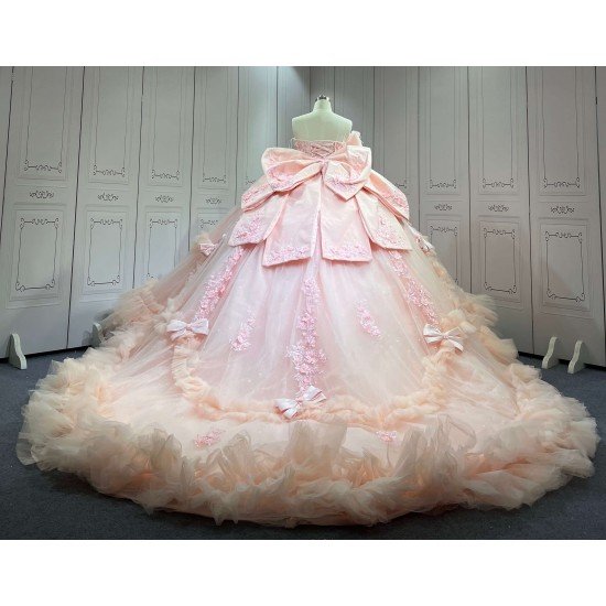 Mumuleo Blush Pink Modern Ball Gown Floor-Length Quinceanera XV Dress with Chapel Train Satin Fabric Print Design for Teenagers