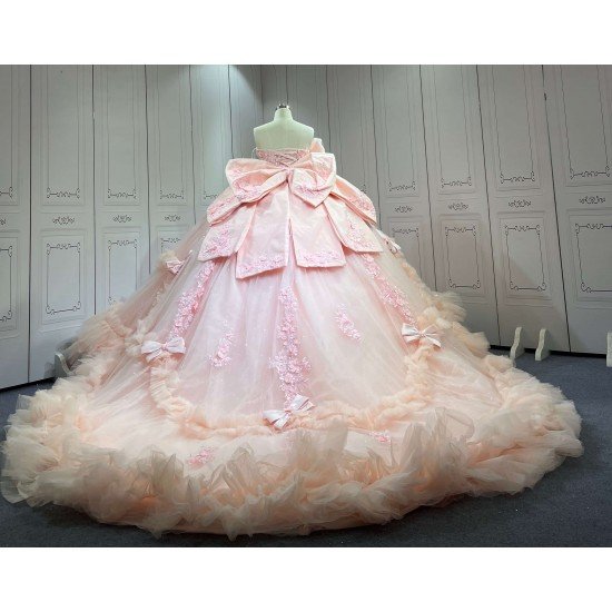 Mumuleo Blush Pink Modern Ball Gown Floor-Length Quinceanera XV Dress with Chapel Train Satin Fabric Print Design for Teenagers