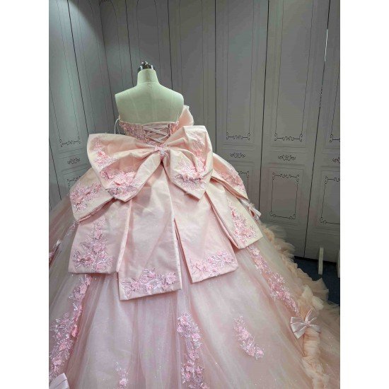 Mumuleo Blush Pink Modern Ball Gown Floor-Length Quinceanera XV Dress with Chapel Train Satin Fabric Print Design for Teenagers