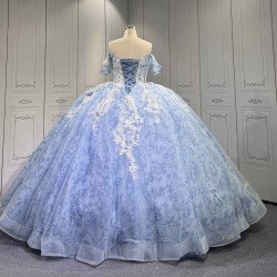 Mumuleo Blue Quinceanera Floor-Length Ball Gown Modern Satin Lace Flowers Crystal Natural Waist Printed Dresses 2026