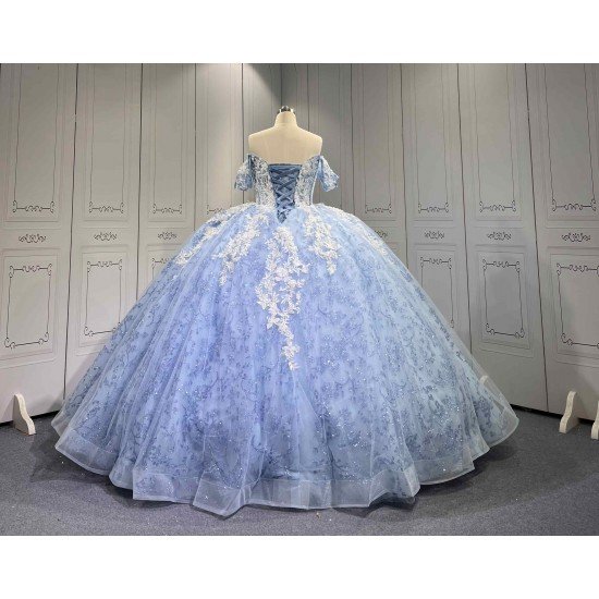 Mumuleo Blue Quinceanera Floor-Length Ball Gown Modern Satin Lace Flowers Crystal Natural Waist Printed Dresses 2026