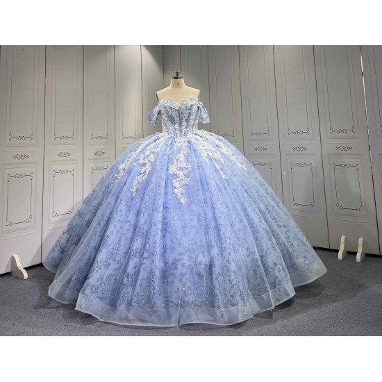 Mumuleo Blue Quinceanera Floor-Length Ball Gown Modern Satin Lace Flowers Crystal Natural Waist Printed Dresses 2026