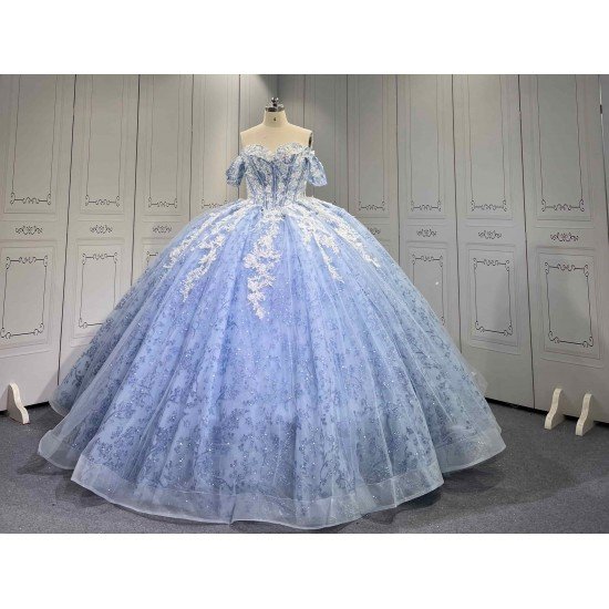 Mumuleo Blue Quinceanera Floor-Length Ball Gown Modern Satin Lace Flowers Crystal Natural Waist Printed Dresses 2026