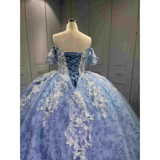 Mumuleo Blue Quinceanera Floor-Length Ball Gown Modern Satin Lace Flowers Crystal Natural Waist Printed Dresses 2026