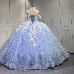 Mumuleo Blue Quinceanera Floor-Length Ball Gown Modern Satin Lace Flowers Crystal Natural Waist Printed Dresses 2026