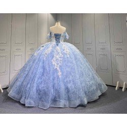 Mumuleo Blue Quinceanera Floor-Length Ball Gown Modern Satin Lace Flowers Crystal Natural Waist Printed Dresses 2026