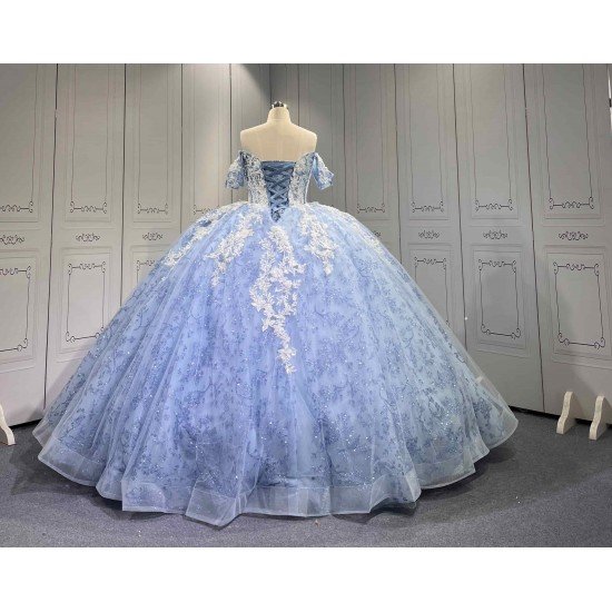 Mumuleo Blue Quinceanera Floor-Length Ball Gown Modern Satin Lace Flowers Crystal Natural Waist Printed Dresses 2026