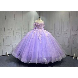 Mumuleo Lilac Quinceanera Ball Gown Floor-Length Modern Satin Knitted Dress with Natural Waist Appliques