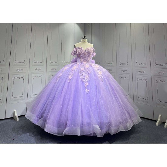 Mumuleo Lilac Quinceanera Ball Gown Floor-Length Modern Satin Knitted Dress with Natural Waist Appliques