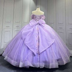 Mumuleo Lilac Quinceanera Ball Gown Floor-Length Modern Satin Knitted Dress with Natural Waist Appliques