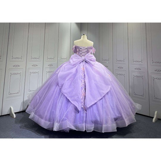 Mumuleo Lilac Quinceanera Ball Gown Floor-Length Modern Satin Knitted Dress with Natural Waist Appliques