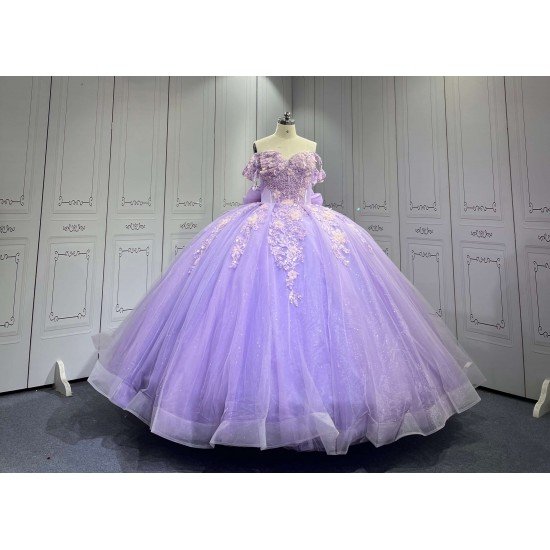 Mumuleo Lilac Quinceanera Ball Gown Floor-Length Modern Satin Knitted Dress with Natural Waist Appliques