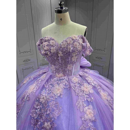 Mumuleo Lilac Quinceanera Ball Gown Floor-Length Modern Satin Knitted Dress with Natural Waist Appliques
