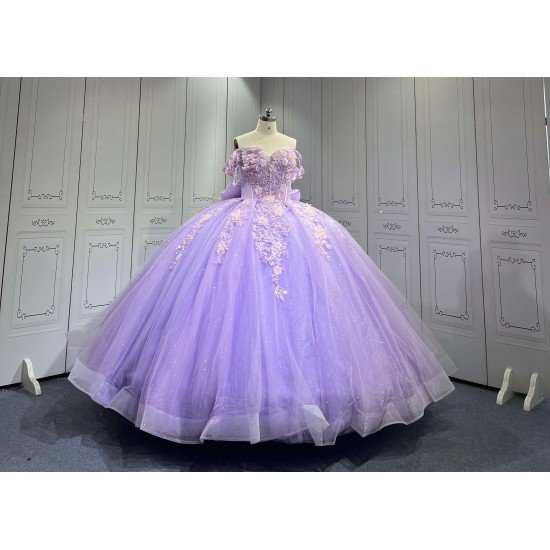 Mumuleo Lilac Quinceanera Ball Gown Floor-Length Modern Satin Knitted Dress with Natural Waist Appliques