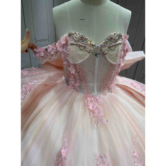 Mumuleo Light Pink Ball Gown Quinceanera Dresses with Chapel Train off the Shoulder Satin Fabric Modern Style 2027