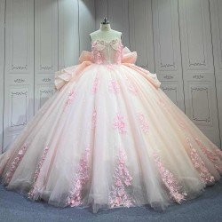 Mumuleo Light Pink Ball Gown Quinceanera Dresses with Chapel Train off the Shoulder Satin Fabric Modern Style 2027