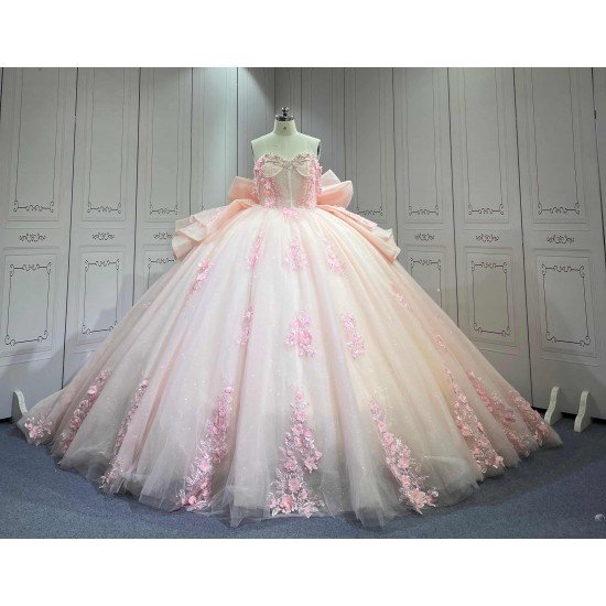 Mumuleo Light Pink Ball Gown Quinceanera Dresses with Chapel Train off the Shoulder Satin Fabric Modern Style 2027