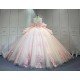 Mumuleo Light Pink Ball Gown Quinceanera Dresses with Chapel Train off the Shoulder Satin Fabric Modern Style 2027