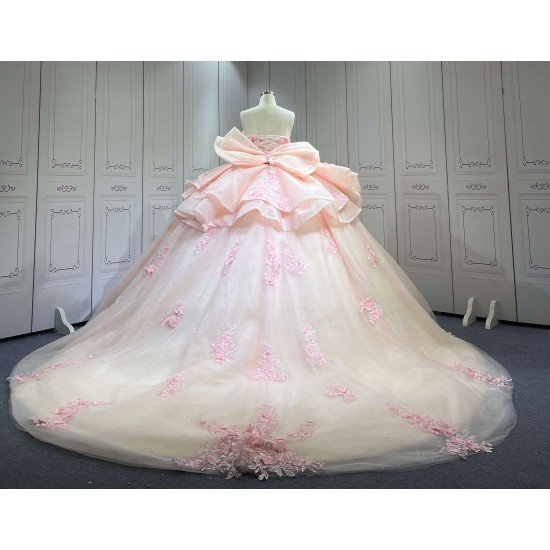 Mumuleo Light Pink Ball Gown Quinceanera Dresses with Chapel Train off the Shoulder Satin Fabric Modern Style 2027