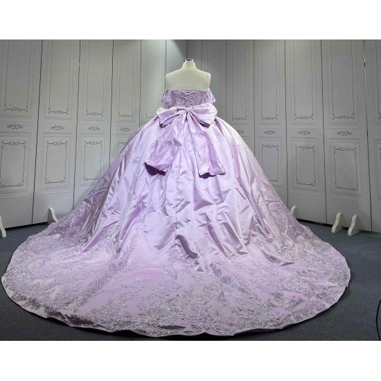 Mumuleo Lavender Quinceanera Ball Gown Floor-Length Sweep Train Modern Satin Knitted Print Dress with Detachable Coat