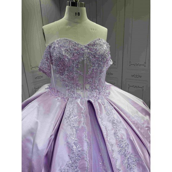 Mumuleo Lavender Quinceanera Ball Gown Floor-Length Sweep Train Modern Satin Knitted Print Dress with Detachable Coat