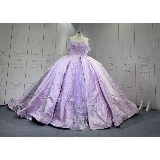 Mumuleo Lavender Quinceanera Ball Gown Floor-Length Sweep Train Modern Satin Knitted Print Dress with Detachable Coat