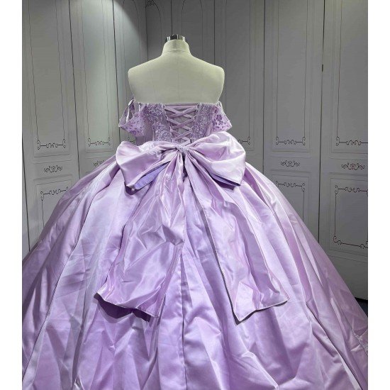Mumuleo Lavender Quinceanera Ball Gown Floor-Length Sweep Train Modern Satin Knitted Print Dress with Detachable Coat