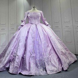 Mumuleo Lavender Quinceanera Ball Gown Floor-Length Sweep Train Modern Satin Knitted Print Dress with Detachable Coat