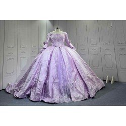 Mumuleo Lavender Quinceanera Ball Gown Floor-Length Sweep Train Modern Satin Knitted Print Dress with Detachable Coat