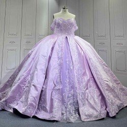 Mumuleo Lavender Quinceanera Ball Gown Floor-Length Sweep Train Modern Satin Knitted Print Dress with Detachable Coat