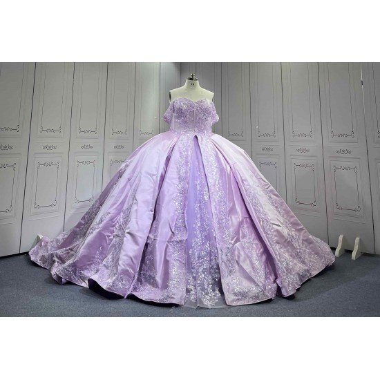 Mumuleo Lavender Quinceanera Ball Gown Floor-Length Sweep Train Modern Satin Knitted Print Dress with Detachable Coat