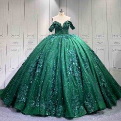 Mumuleo Emerald Green Quinceanera Dresses-Ball Gown Floor-Length Off-The-Shoulder Sweetheart Neckline Sweep Train 100% Polyester
