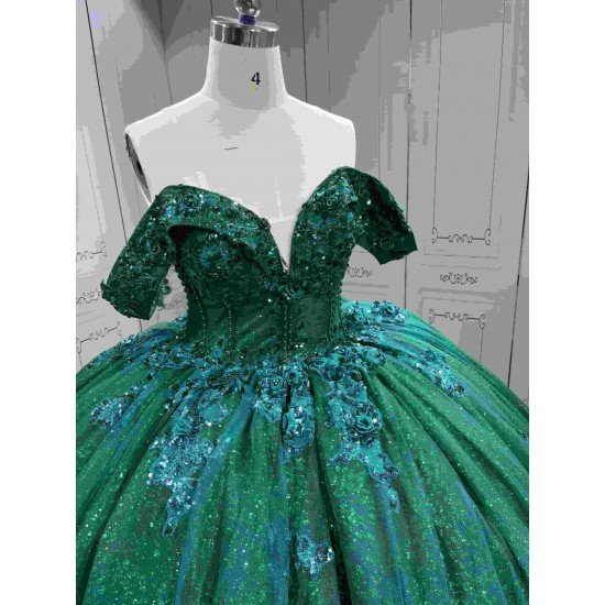 Mumuleo Emerald Green Quinceanera Dresses-Ball Gown Floor-Length Off-The-Shoulder Sweetheart Neckline Sweep Train 100% Polyester