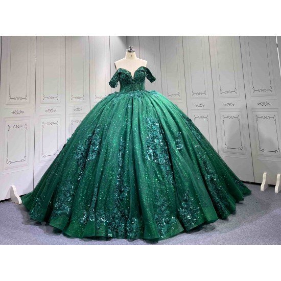 Mumuleo Emerald Green Quinceanera Dresses-Ball Gown Floor-Length Off-The-Shoulder Sweetheart Neckline Sweep Train 100% Polyester